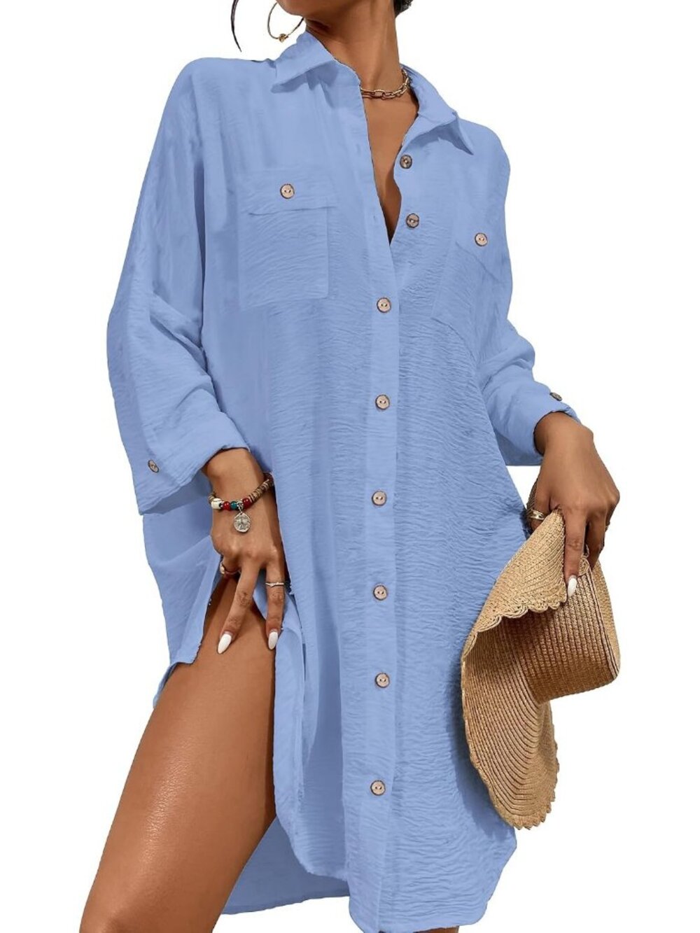 Women's Light Blue Polyester Button Down Shirt Cover Up Beach Swimsuit Cover Up
